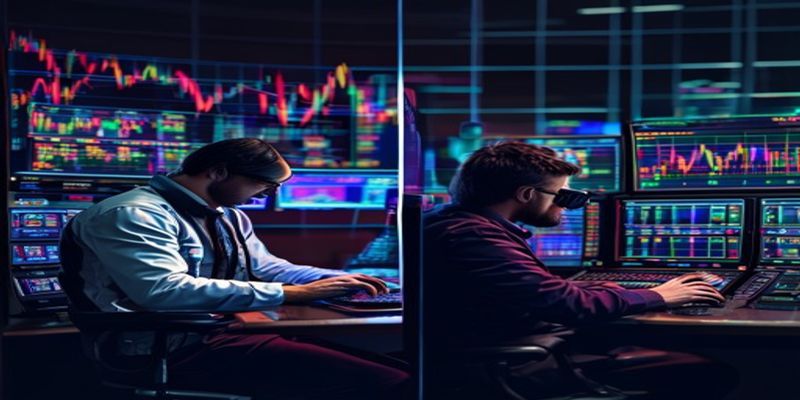 split screen showing a gambler at a slot machine vs a trader at a computer with charts